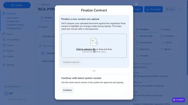 The Finalize Contract dialog offering an upload or the latest system version