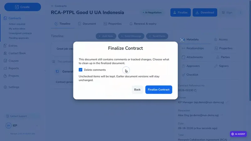 The cleanup step asking whether to delete comments before finalising