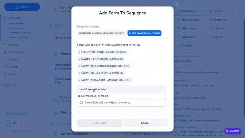 The Add Form to Sequence dialog with the PI Acknowledgement Form selected