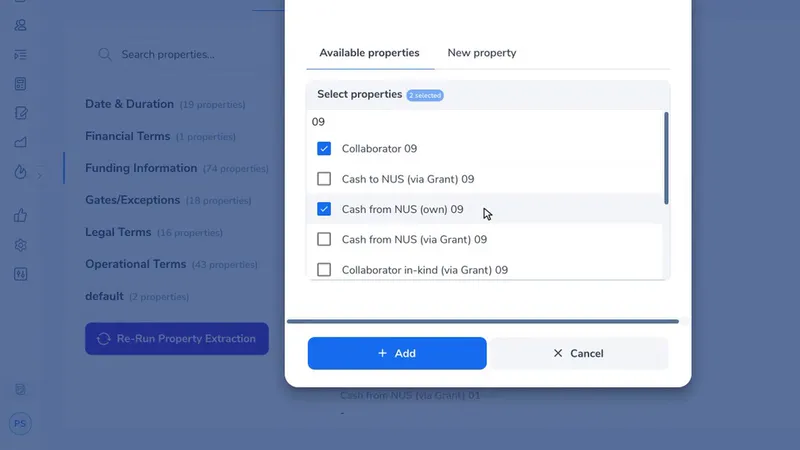 The Add Property search showing every field for collaborator 09