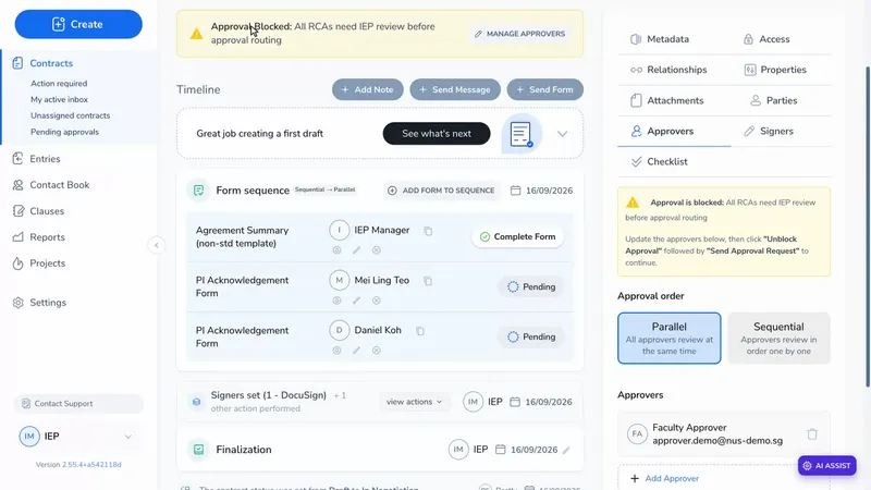 The Approvers panel showing an approval block with its reason and the approver chain