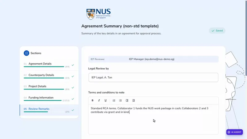 The Review Remarks section with the legal review and terms filled in
