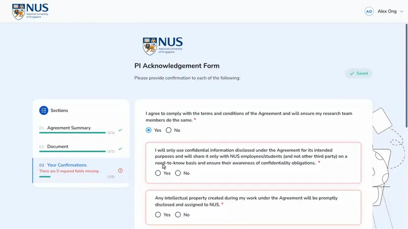 The PI Acknowledgement Form with its confirmation questions