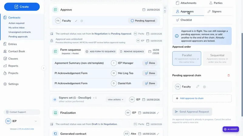 The timeline showing a pending approval and the approver chain in the side panel