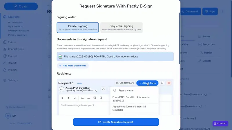 The signature request dialog with Attach Form selected on a recipient