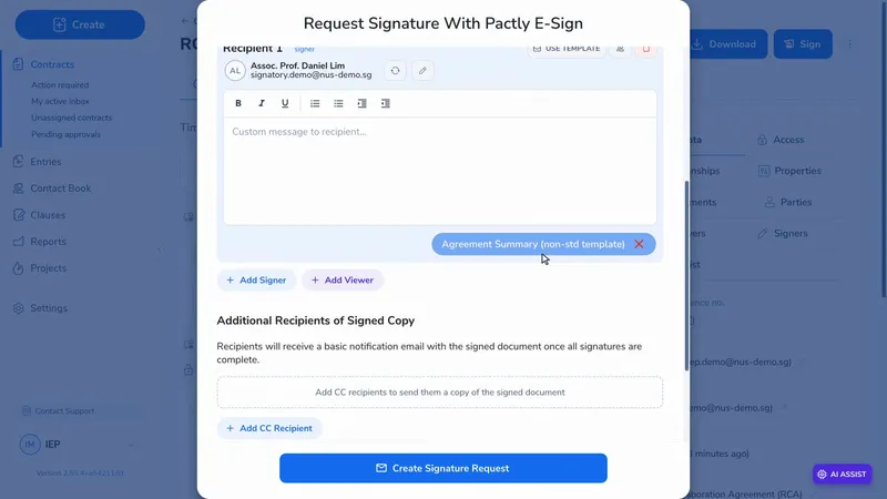 The Agreement Summary attached to the recipient, above the Create Signature Request button