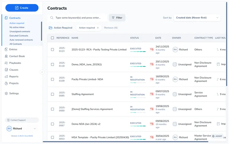Contract repository with the Action Required view selected in the sidebar, showing flagged contracts with their status and assigned owners
