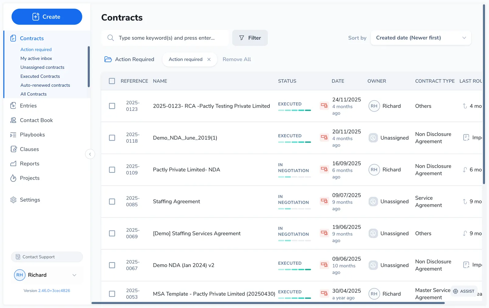 Contract repository with the Action Required view selected in the sidebar, showing flagged contracts with their status and owners