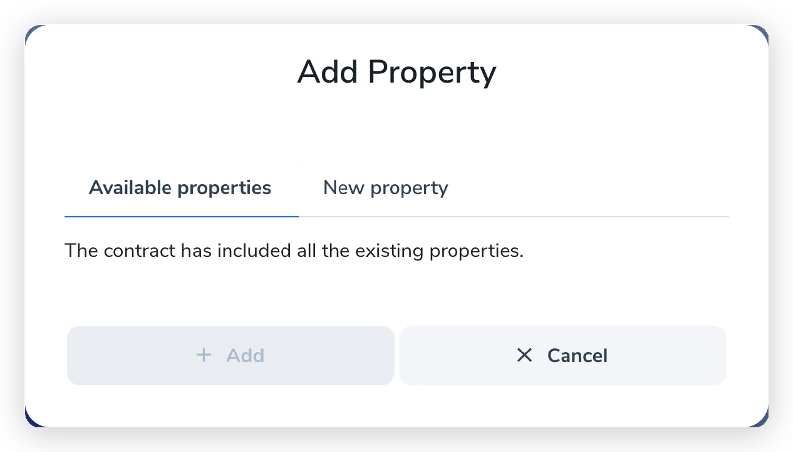 The Add Property dialog with two tabs, Available properties and New property. The Available properties tab is selected.