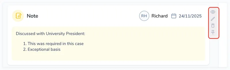 Email timeline item with admin action buttons along the right edge: visibility, delete, and pin controls