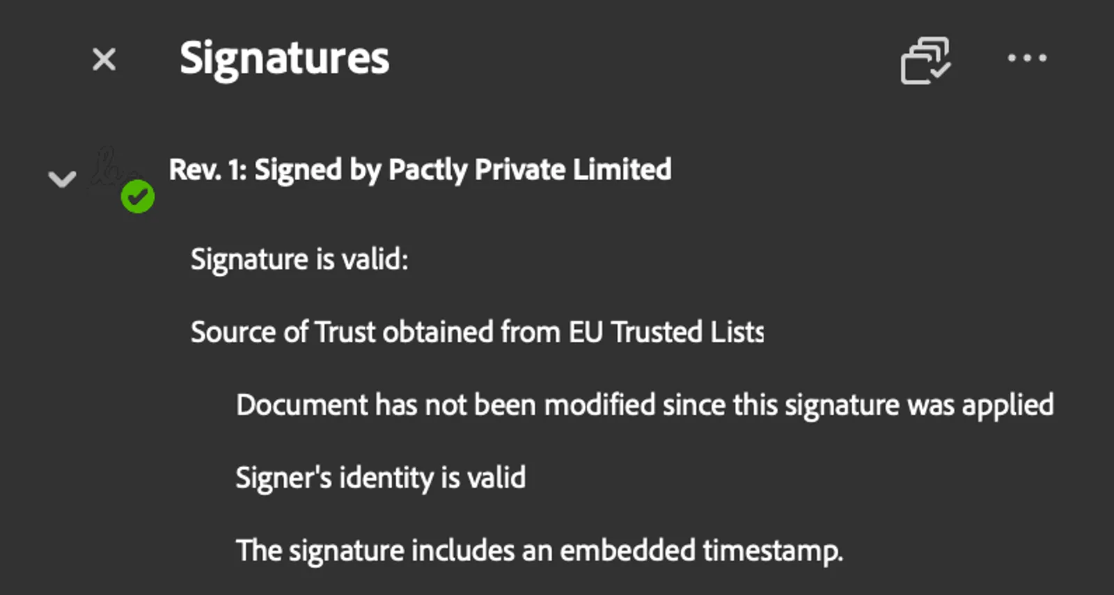 A signed PDF open in Adobe Reader with the signature panel showing a green check, the signer identity Pactly Private Limited, a line stating the document has not been modified since it was signed, and an embedded signing timestamp