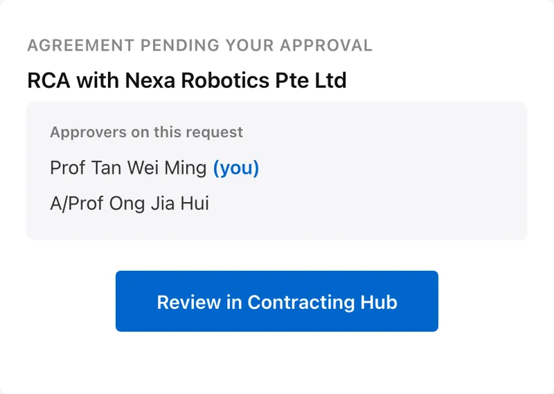 The approval request email with a Review in Contracting Hub button