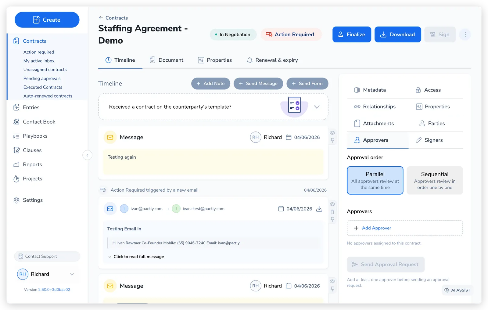 A contract's Approvers panel showing the Approval order toggle set to Parallel with a Sequential option, an Approvers section with an Add Approver control, and a Send Approval Request button below
