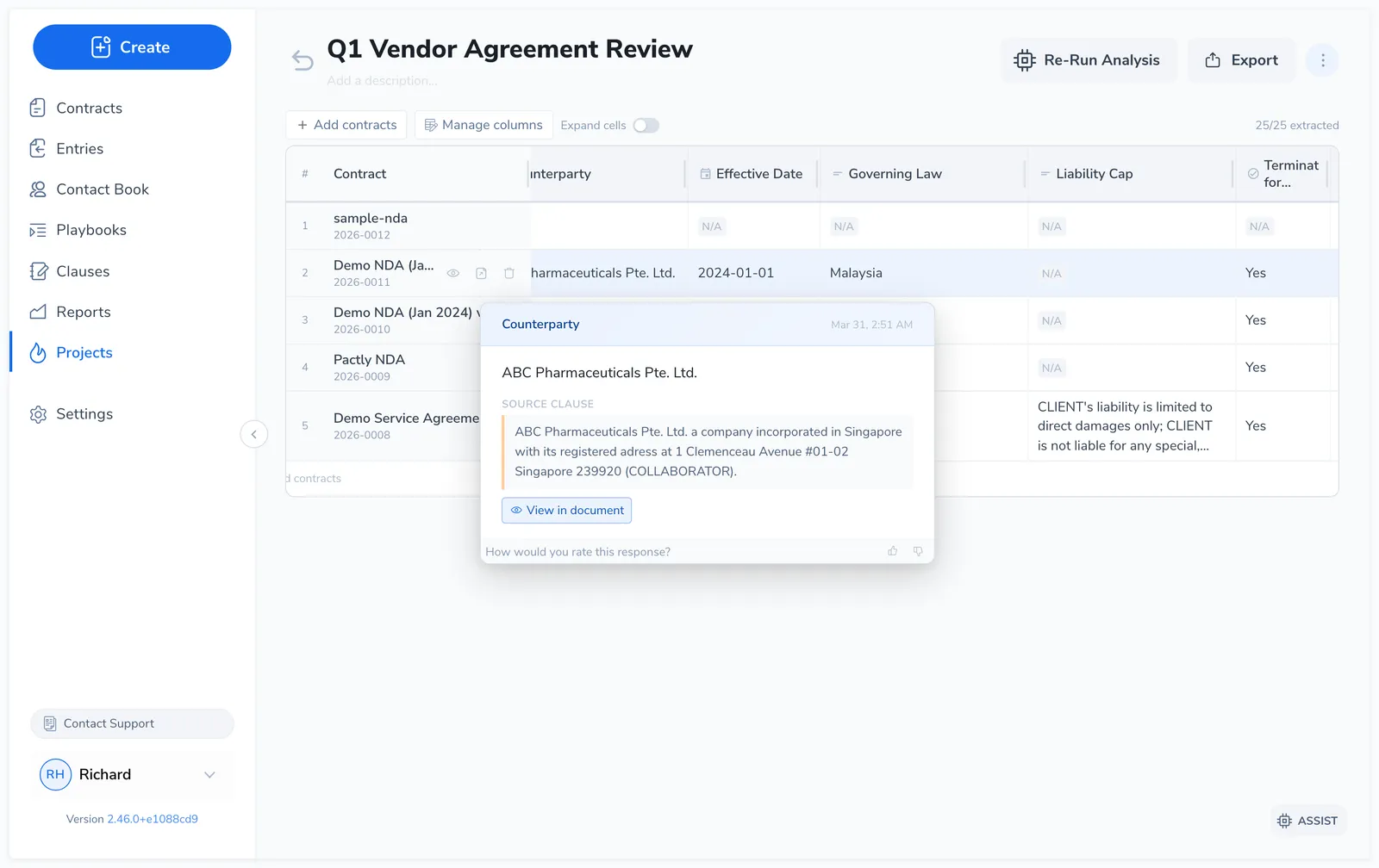 Cell hover popover showing the extracted value, the AI's reasoning, the verbatim source clause in a blockquote, and a View in document action