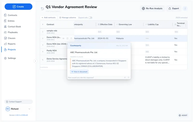 Cell hover popover showing the extracted counterparty value, source clause with a verbatim quote from the contract, and a View in document button