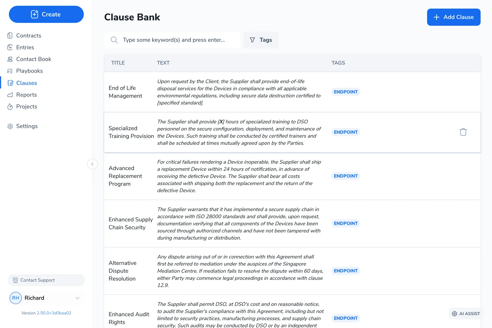 The Clause Bank screen: a search box, a Tags filter, and a list of clauses in Title, Text, and Tags columns. The clauses shown are all tagged ENDPOINT.