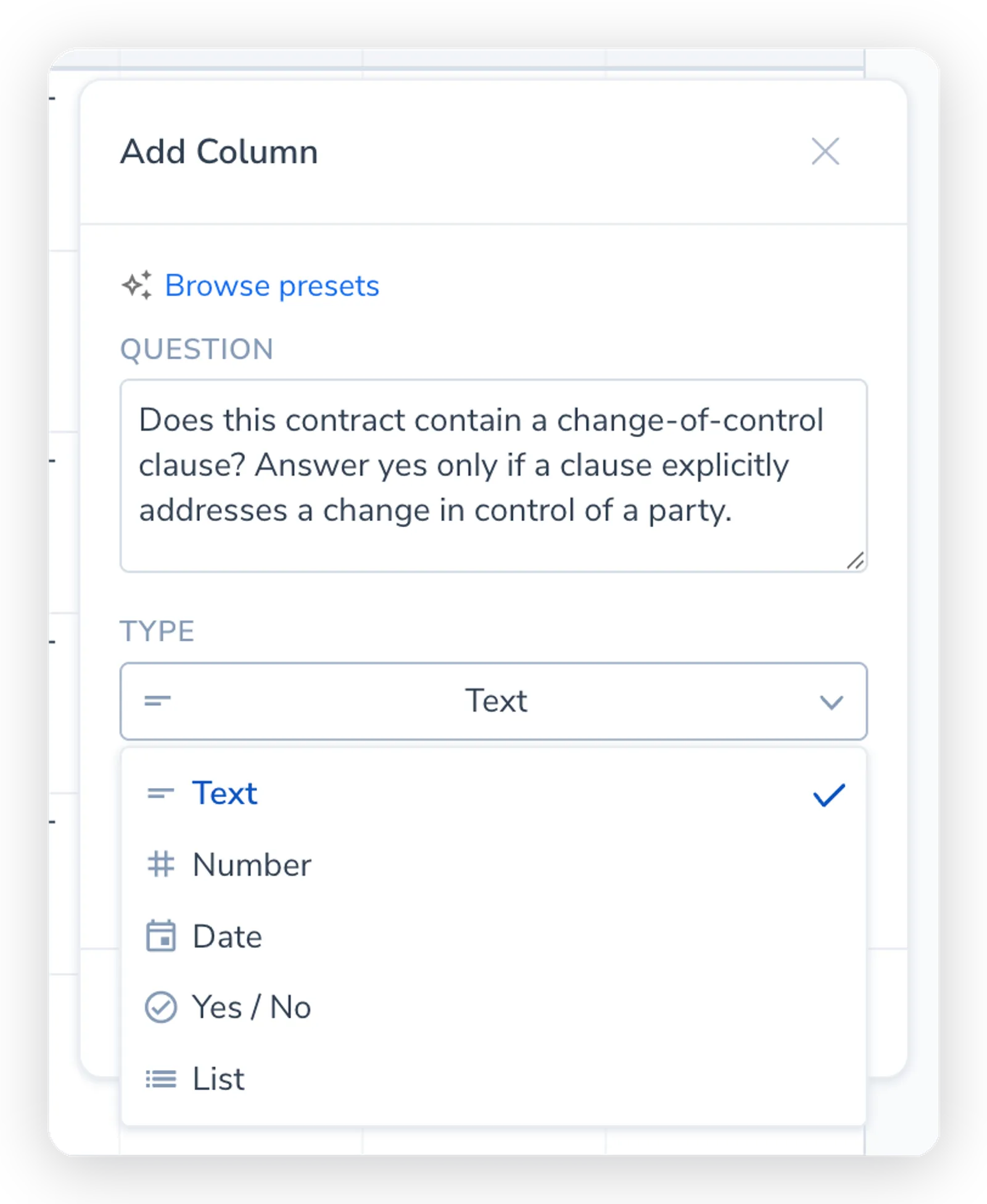Add Column editor with a custom Question typed in, the Type dropdown open showing Text, Number, Date, Yes / No, and List, and the Label field below
