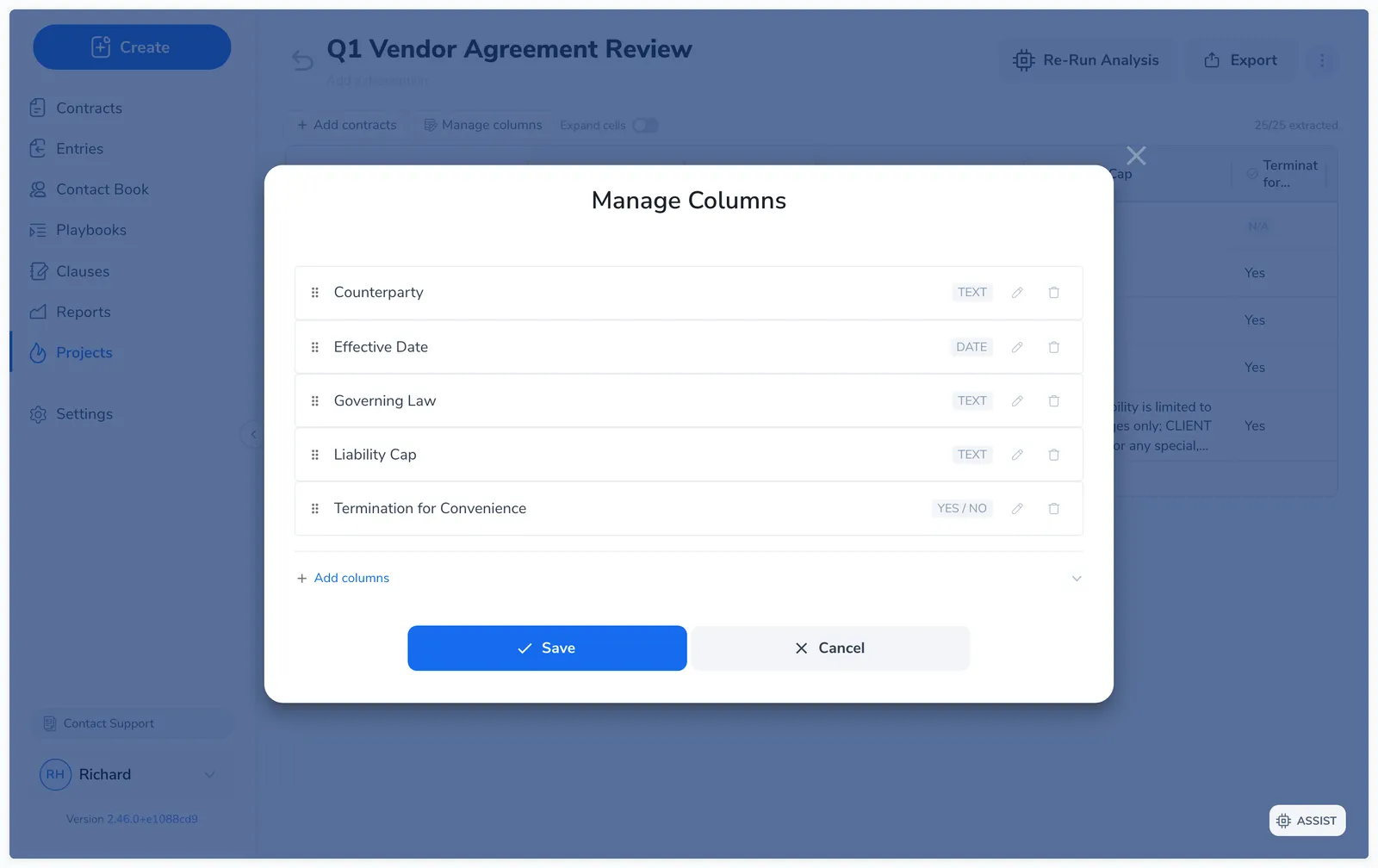 Manage Columns dialog showing columns with their data types, drag handles for reordering, and edit and delete controls