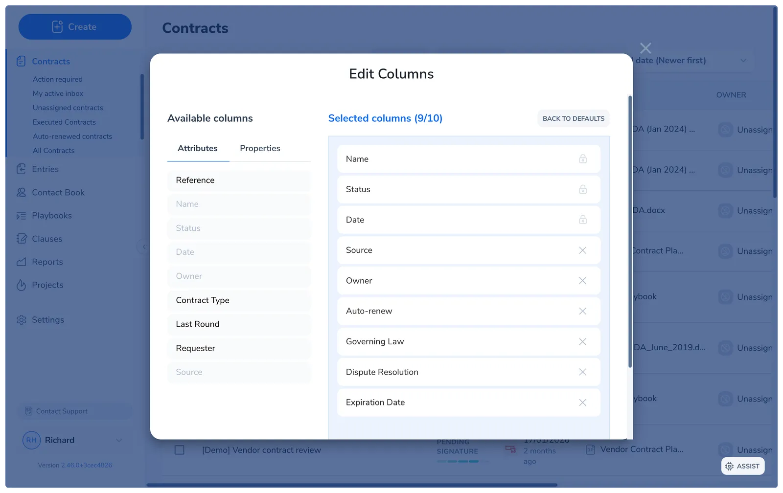 The Edit Columns dialog with available columns on the left under Attributes and Properties tabs, and the selected columns on the right showing a 9 of 10 count, with Name, Status, and Date locked