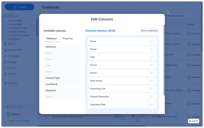 Edit Columns dialog showing Available columns on the left (Attributes tab with Reference, Contract Type, Last Round, Requester; and a Properties tab) and Selected columns on the right (Name, Status, Date, Source, Owner, Auto-renew, Governing Law, Dispute Resolution, Expiration Date)