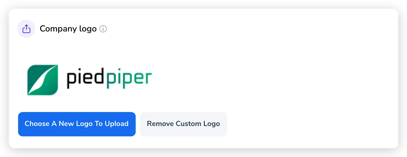 Company logo section in Account settings, showing the current logo preview with Choose A New Logo To Upload and Remove Custom Logo buttons
