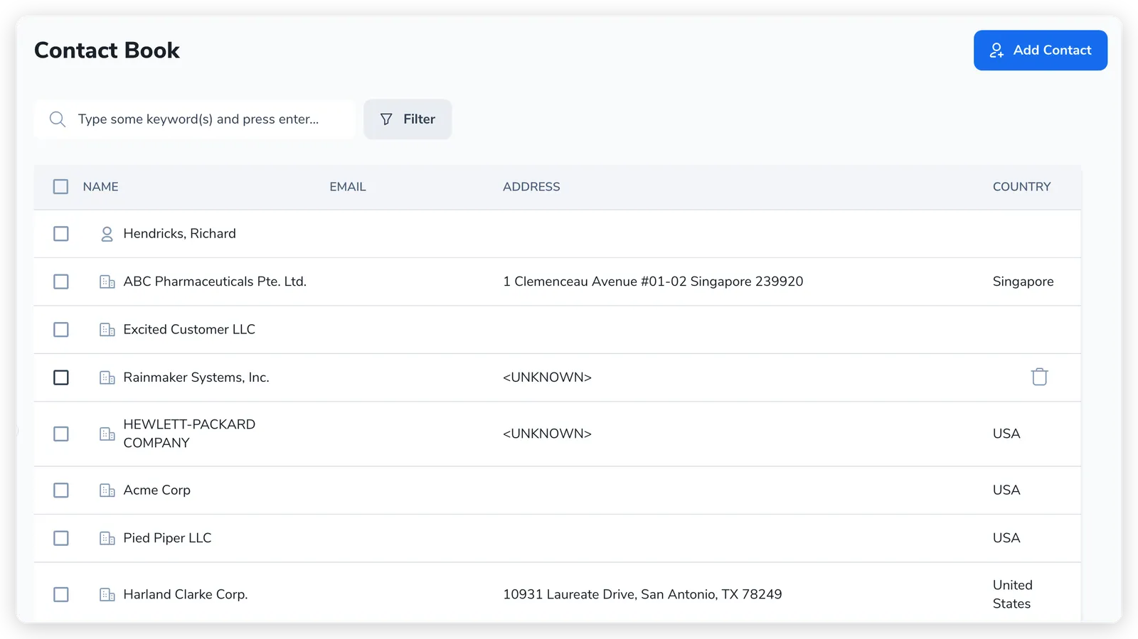 The Contact Book directory listing companies and people, with Name, Email, Address, and Country columns and an Add Contact button