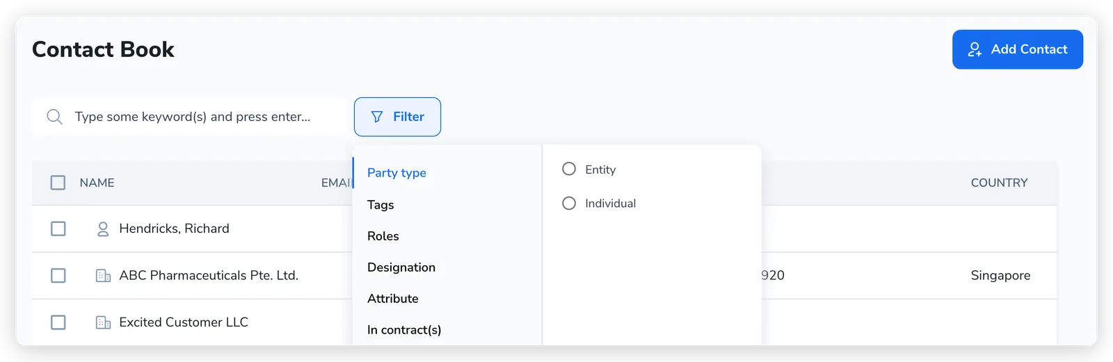 The Contact Book with the Filter popover open, showing filter categories Party type, Tags, Roles, Designation, Attribute, and In contracts, with Entity and Individual options under Party type