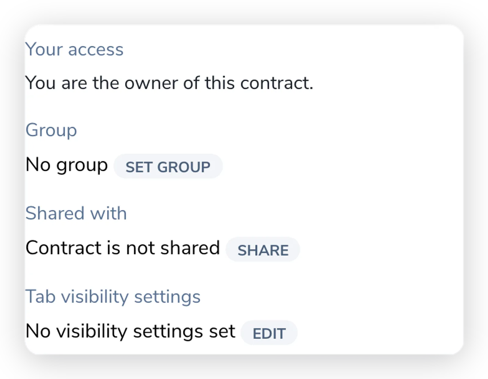 The Access tab of a contract showing the Group field set to No group with a Set group button, alongside Your access and Shared with