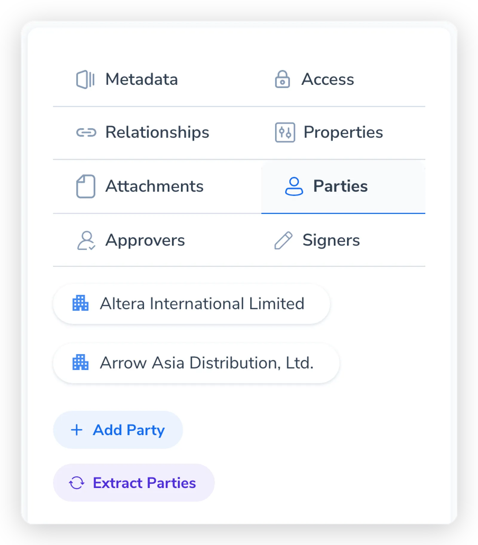 The Parties section of a contract showing two attached company contacts, an Add Party button, and an Extract Parties button