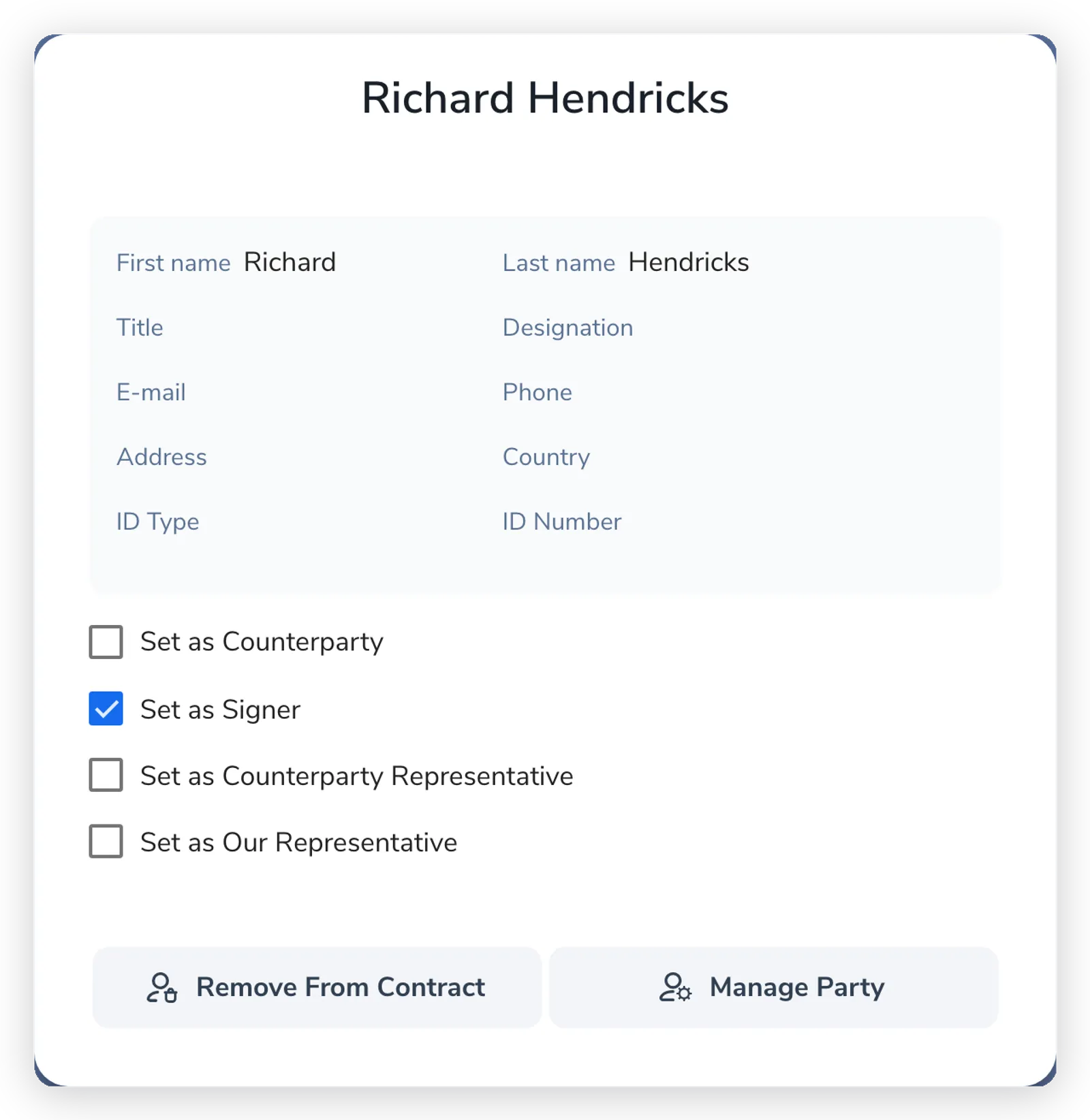 The party panel for an individual contact on a contract, with checkboxes to set the contact as Counterparty, Signer, Counterparty Representative, or Our Representative