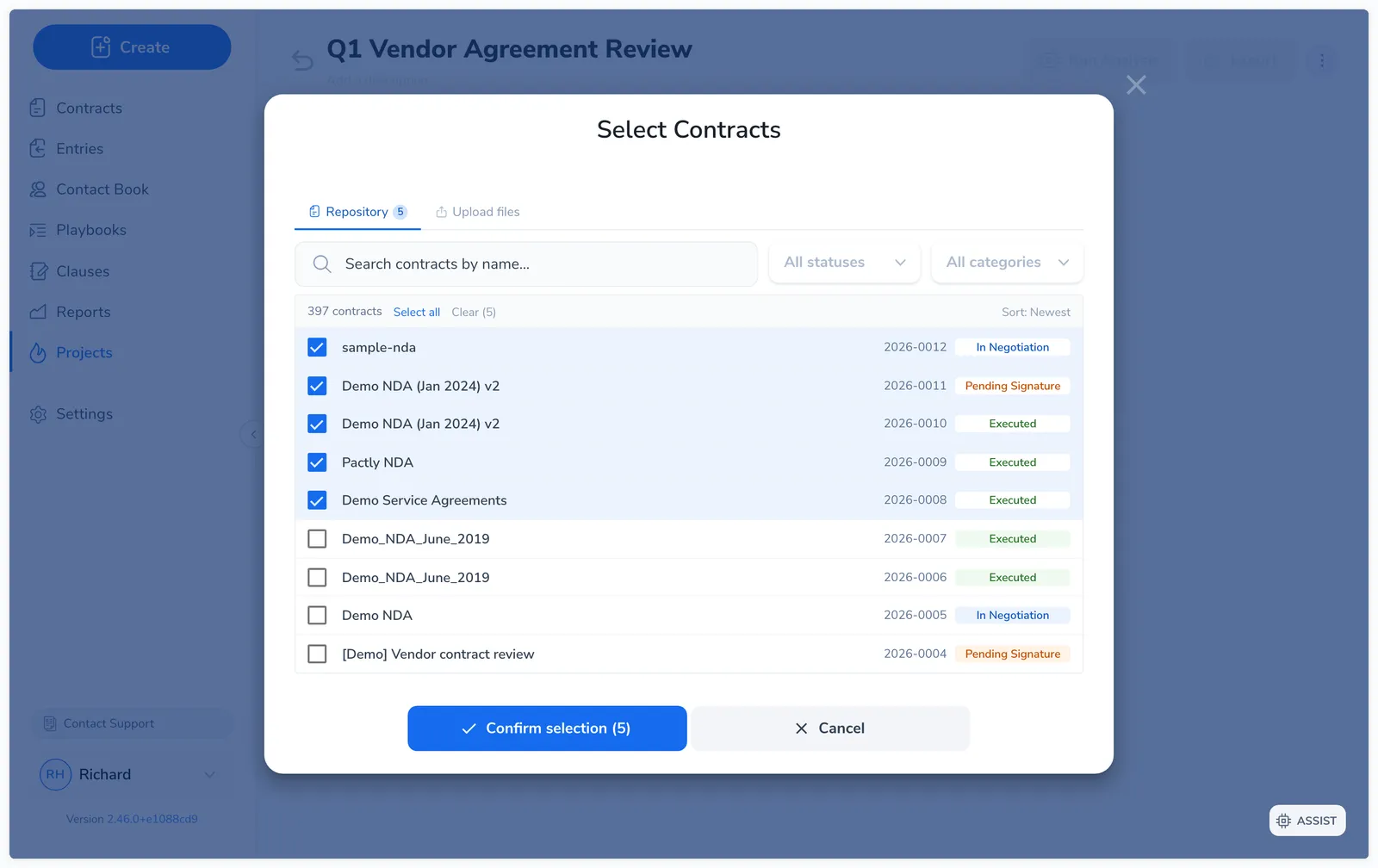 Contract picker dialog showing the Repository tab with search, status filter, category filter, and a list of contracts with checkboxes