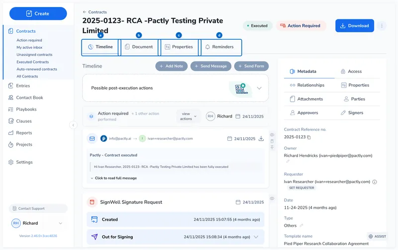 Full contract record showing the timeline tab with events, the contract sidebar with status, owner, category, and parties