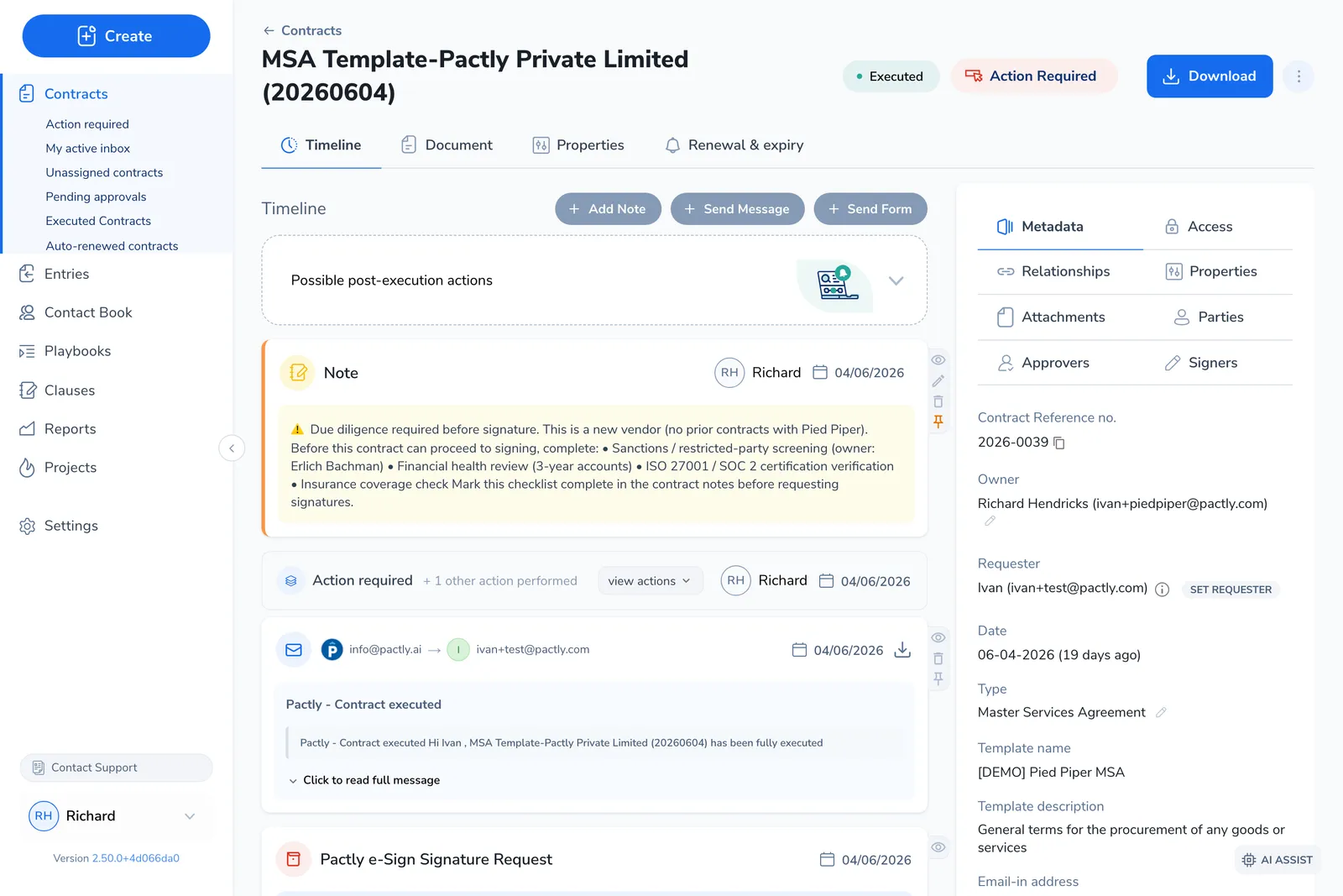 Contract record with the Timeline tab active and a sidebar showing the contract's metadata, owner, and category