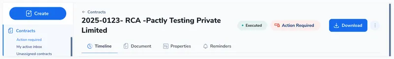 Contract record header showing the contract name, Executed status badge, and Action Required badge in the top-right area