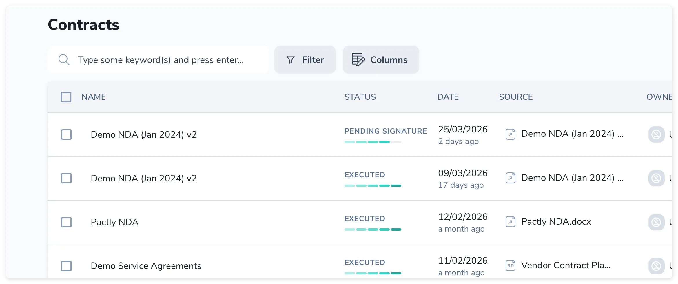 Contract repository with annotated columns