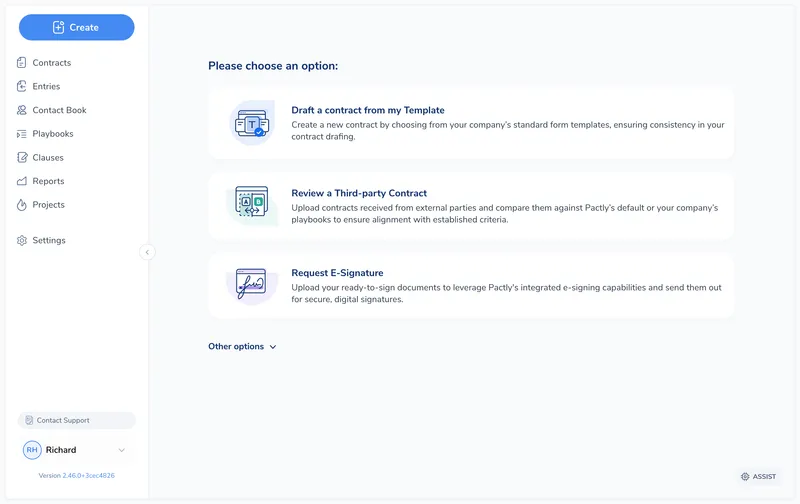 Create contract dialog showing three options: Draft a contract from my Template, Review a Third-party Contract, and Request E-Signature