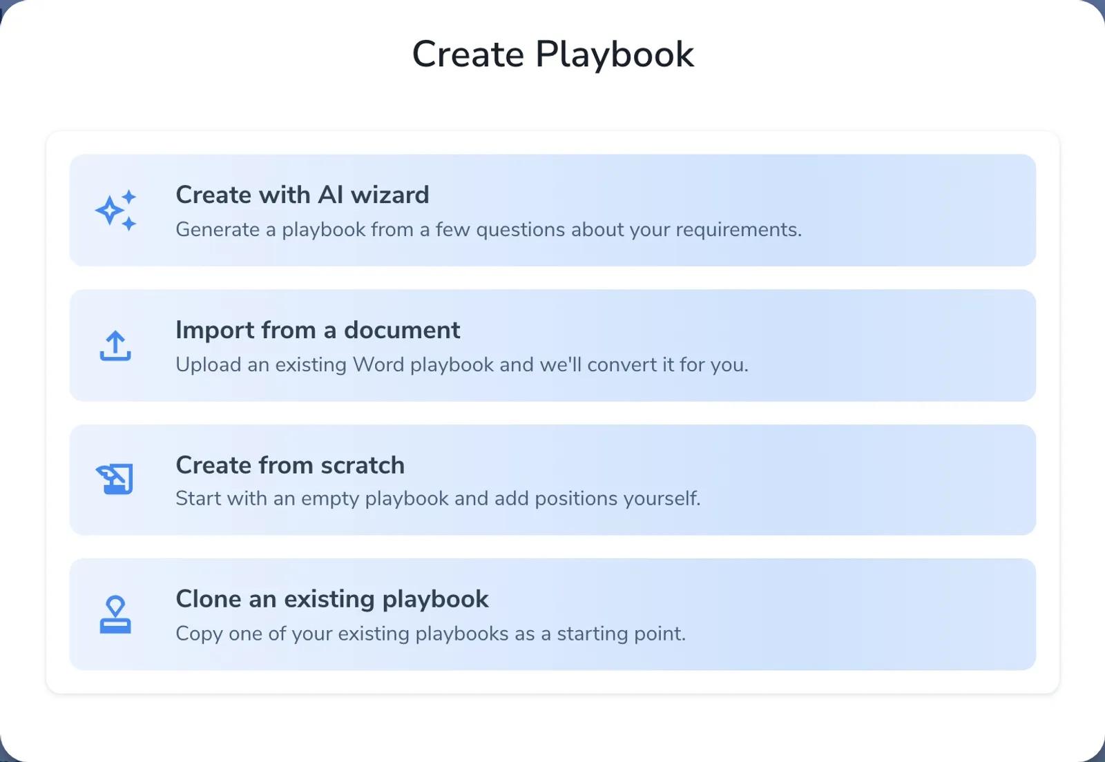 The Create Playbook dialog with four options: Create with AI wizard, Import from a document, Create from scratch, and Clone an existing playbook.