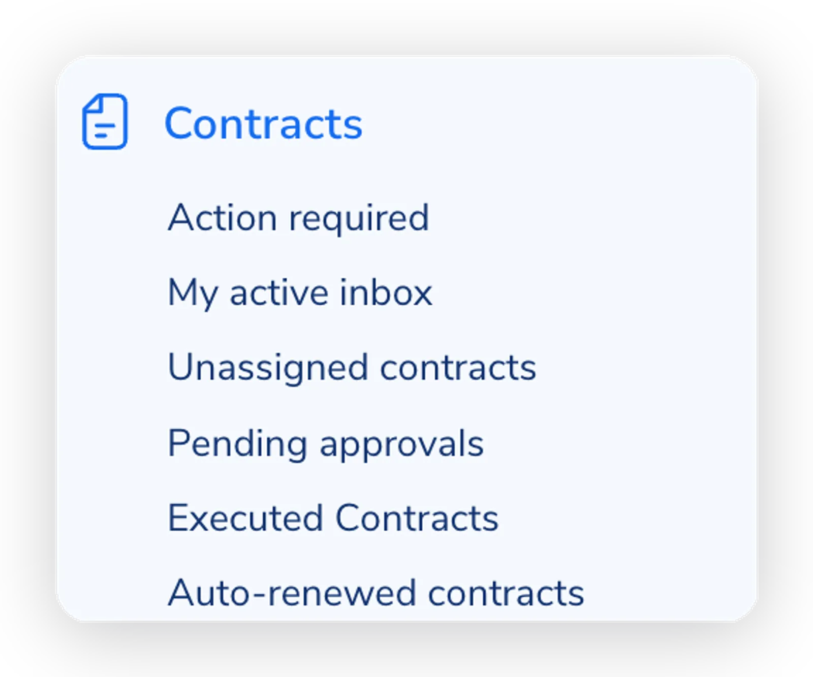 The Contracts section of the left sidebar listing built-in views (Action required, My active inbox, Unassigned contracts, Pending approvals) followed by saved custom views (Executed Contracts, Auto-renewed contracts).