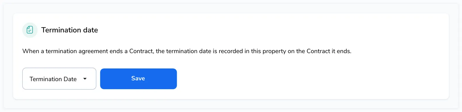 Termination date setting with a dropdown of date properties and a Save button