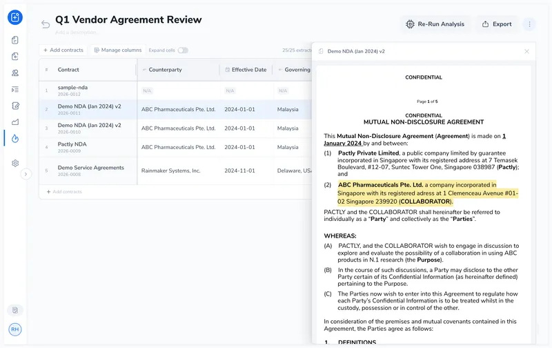 Document preview panel open alongside the extraction grid, showing the contract text with the source clause highlighted in yellow