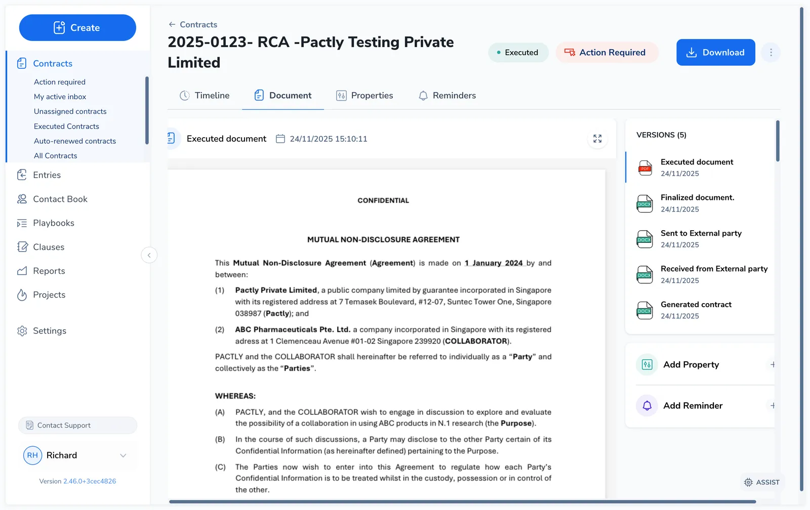 Document tab showing the original document, negotiation rounds, and the executed version in a Versions list