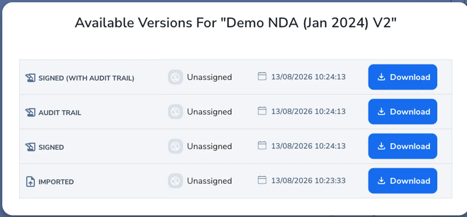 The Available Versions download dialog on an executed contract, listing the signed document with audit trail, the audit trail on its own, and the signed document on its own
