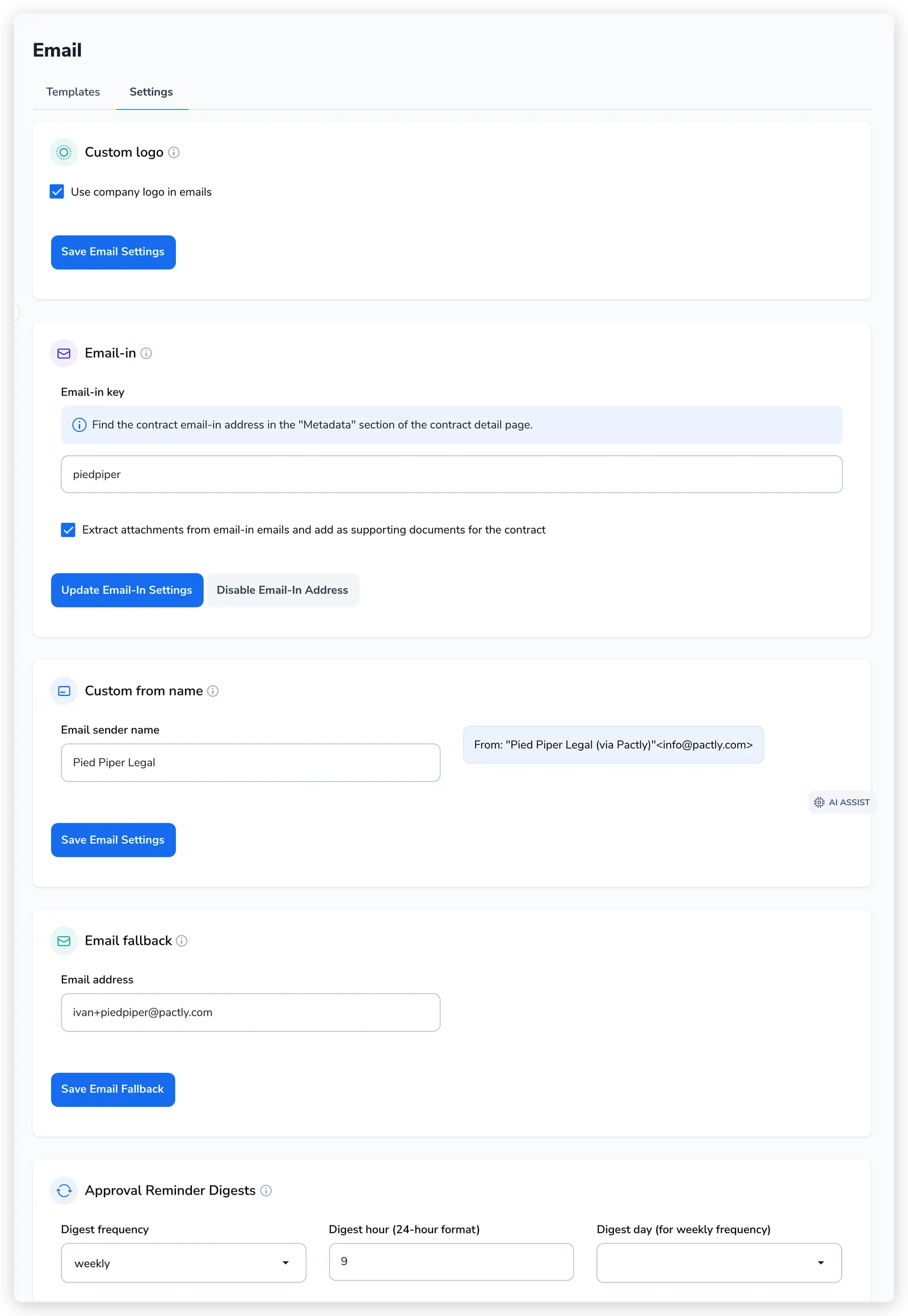The Settings tab of Data > Email showing the Custom logo, Email-in, Custom from name, Email fallback, and Approval Reminder Digests boxes