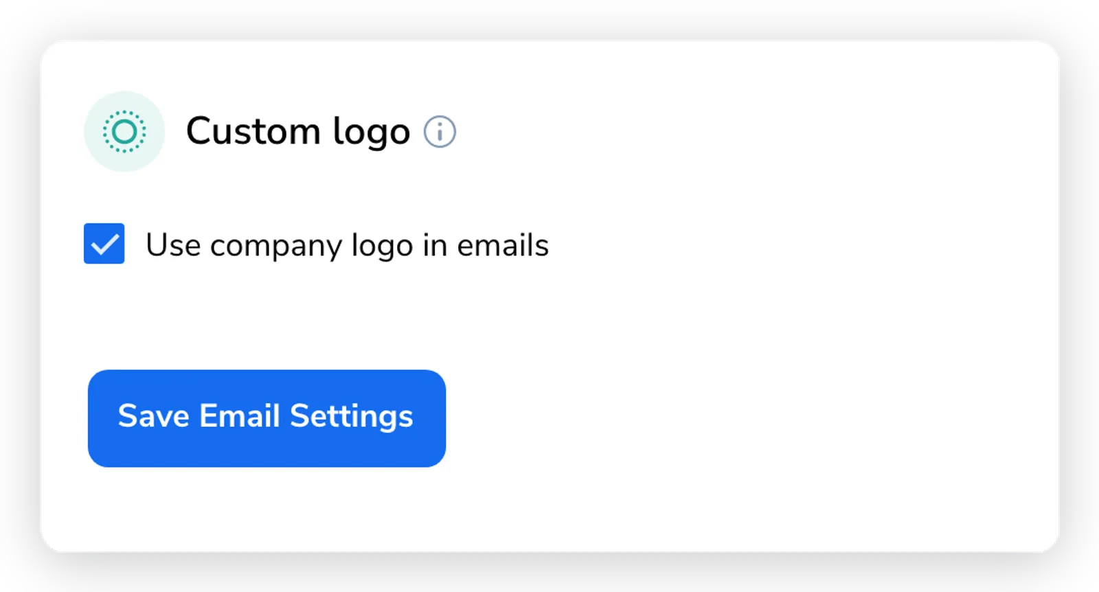 Custom logo section on the Email Settings tab with Use company logo in emails ticked and a Save Email Settings button