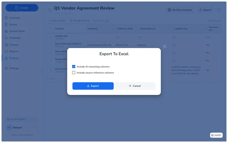 Export to Excel dialog with checkboxes for including AI reasoning columns and source reference columns