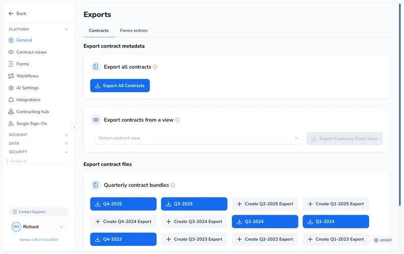 Exports page showing two sections: Export contract metadata with options to export all contracts or from a view, and Export contract files with quarterly bundles listed by quarter
