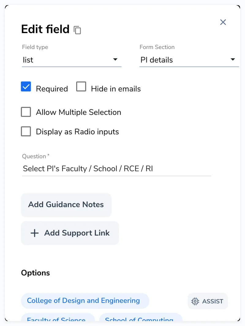 Field editor for a list-type field showing the type selector, required checkbox, Allow Multiple Selection and Display as Radio toggles, question text, and list options