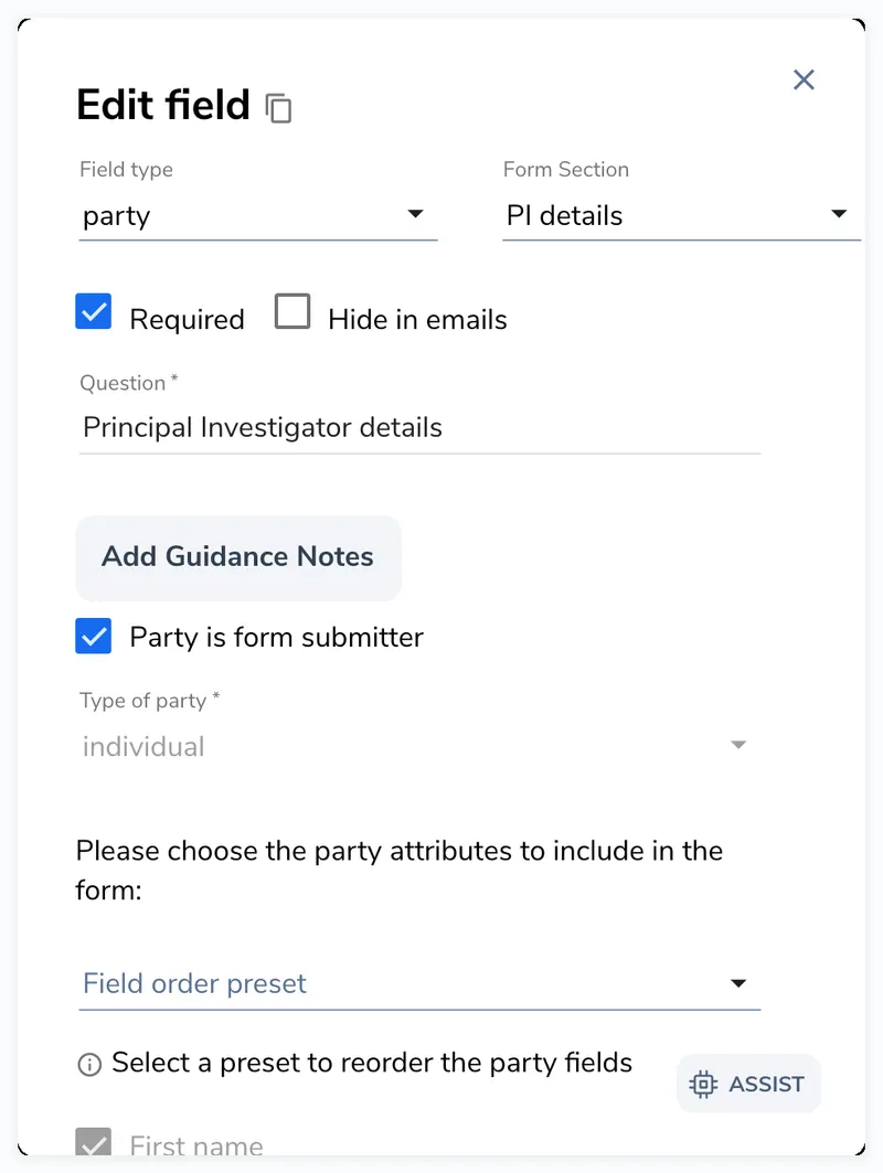 Field editor for a party-type field showing the party type selector, party attributes configuration, and role assignment options