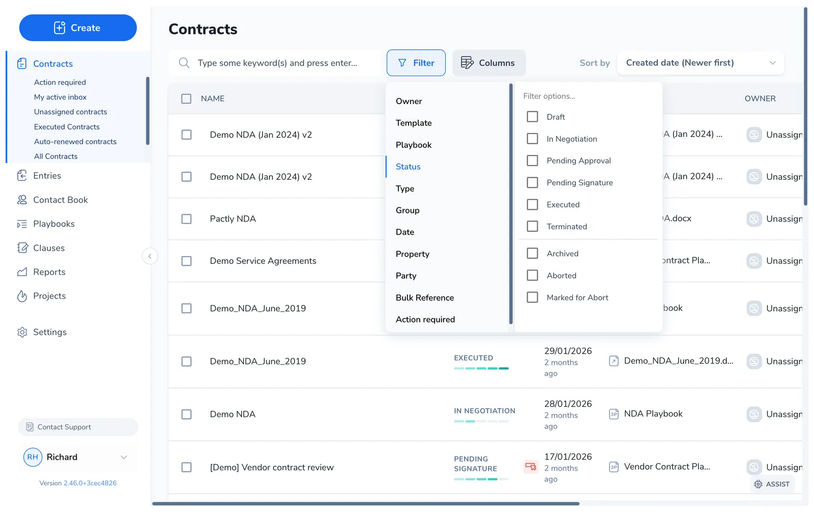 The filter panel open on the Status filter, showing the lifecycle statuses Draft through Terminated plus the Archived, Aborted, and Marked for Abort options