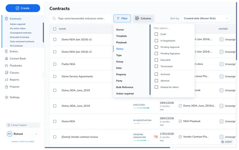 Filter panel expanded showing filter categories (Owner, Template, Playbook, Status, Type, Group, Date, Property, Party, Bulk Reference, Action Required) with the Status filter expanded showing checkboxes for Draft, In Negotiation, Pending Approval, Pending Signature, Executed, Terminated, Archived, Aborted, and Marked for Abort